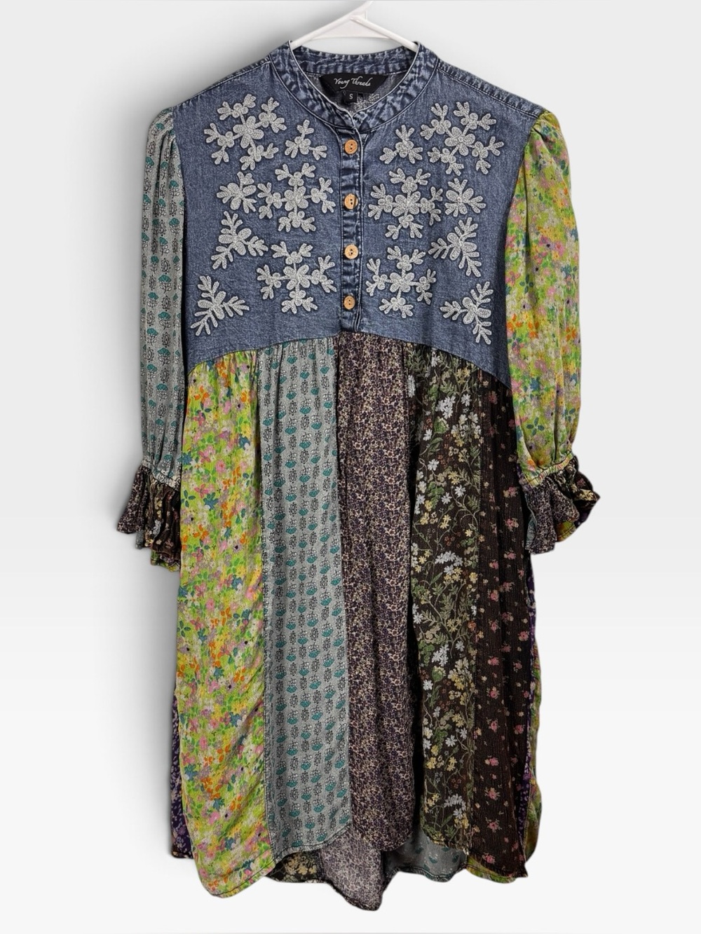 Young Threads Size Small Boho Hippie Western Denim Patchwork Embroidered Dress